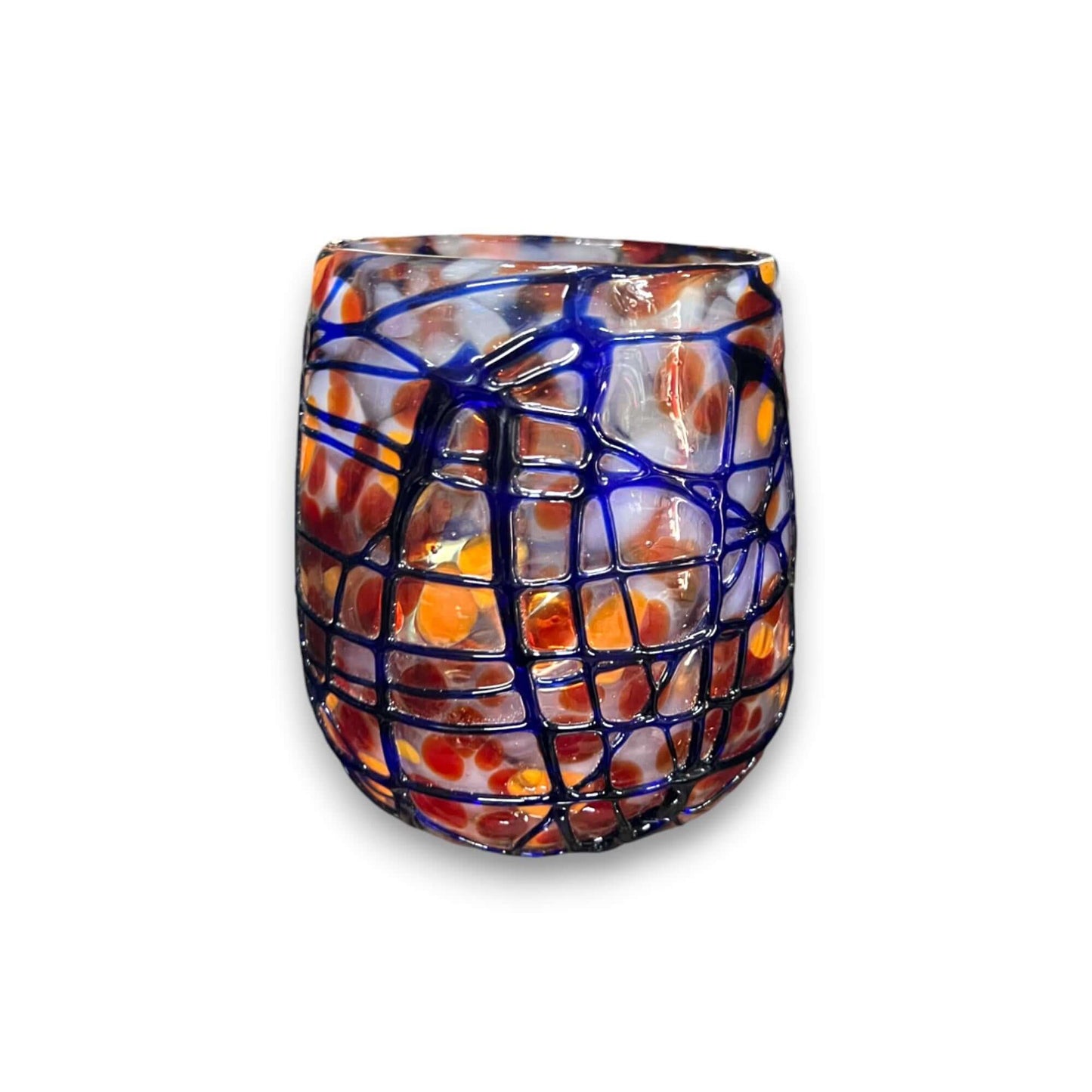 Mexican Stemless Wine Glass | Hand-Blown Orange & Blue Swirl