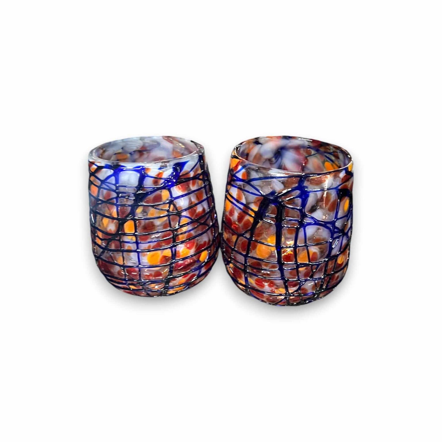 Mexican Stemless Wine Glass | Hand-Blown Orange & Blue Swirl
