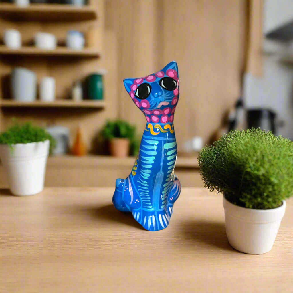 Hand-Painted Guerrero Cat Statue | Colorful Mexican Ceramic Figure (Medium)