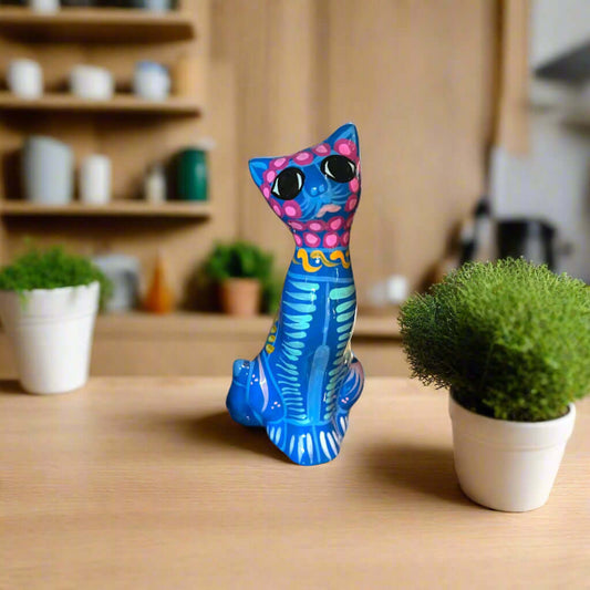 Hand-Painted Guerrero Cat Statue | Colorful Mexican Ceramic Figure (Medium)