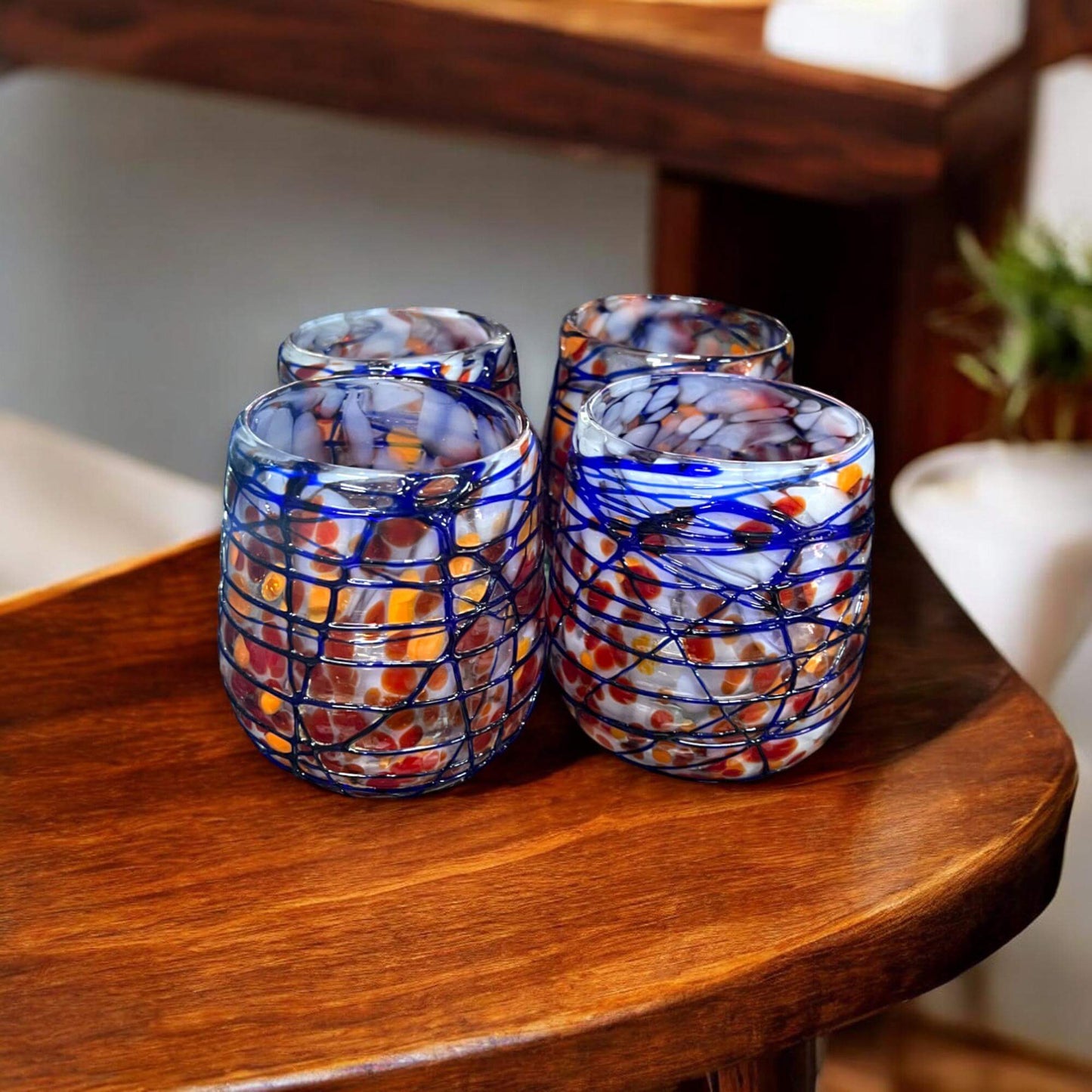 Mexican Stemless Wine Glass | Hand-Blown Orange & Blue Swirl