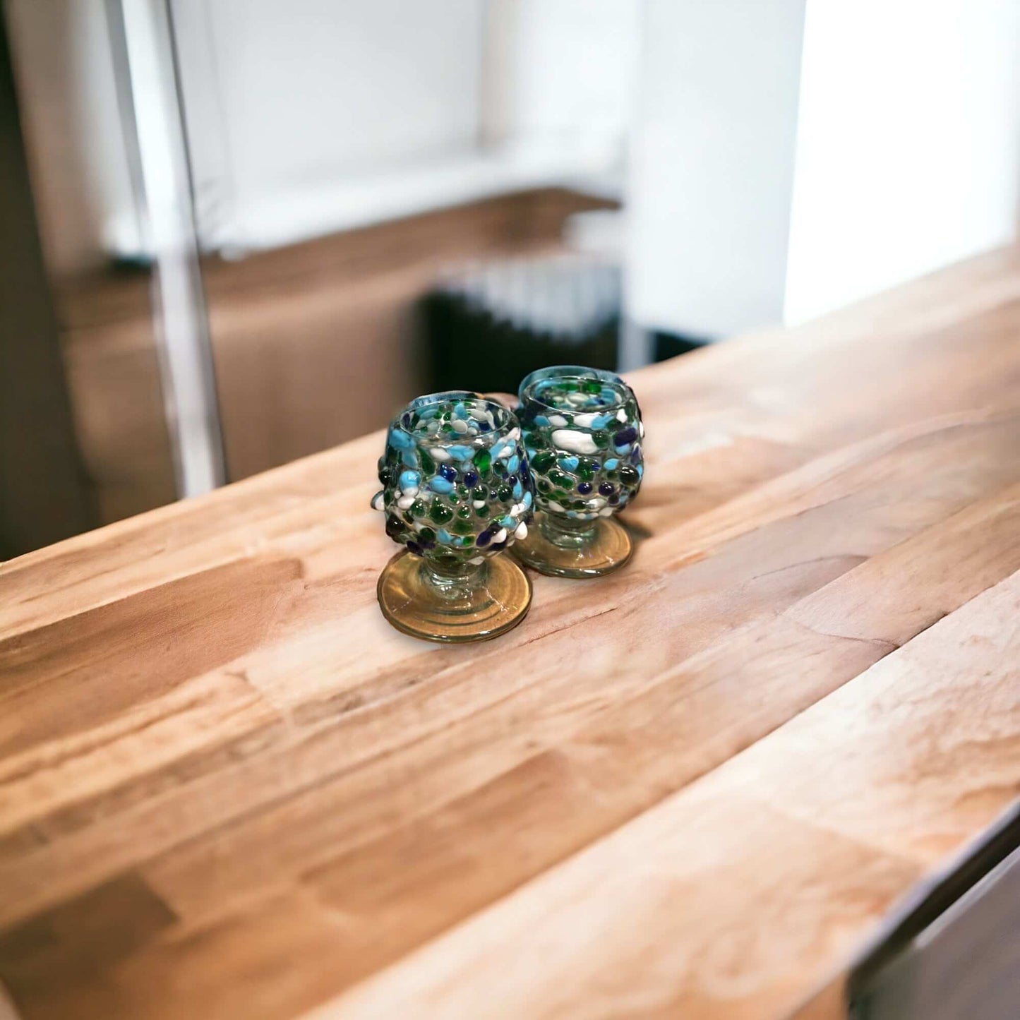 Mexican Artisan Shot Glass | Handcrafted Blue Green White Design