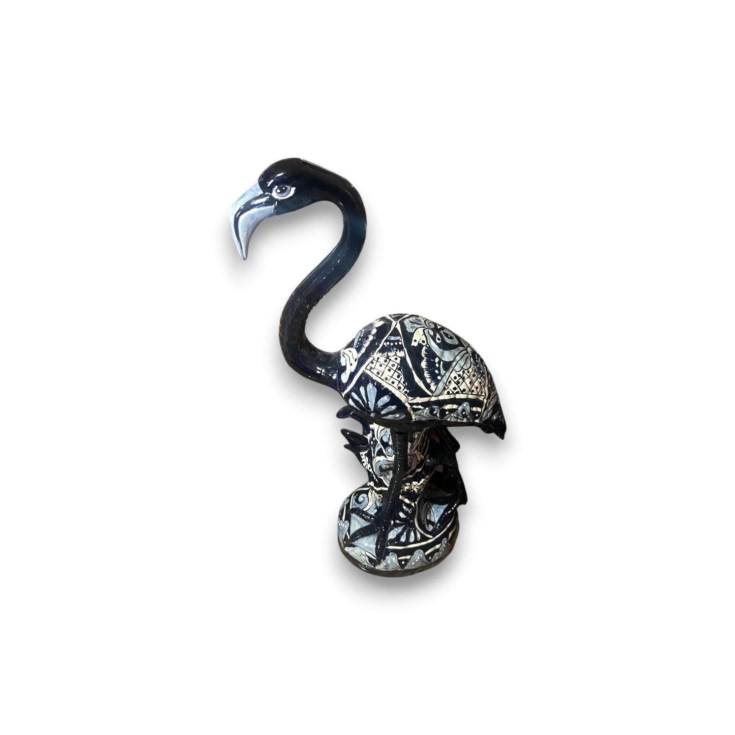 Blue & White Talavera Flamingo Statue | Hand-Painted Bird Pottery