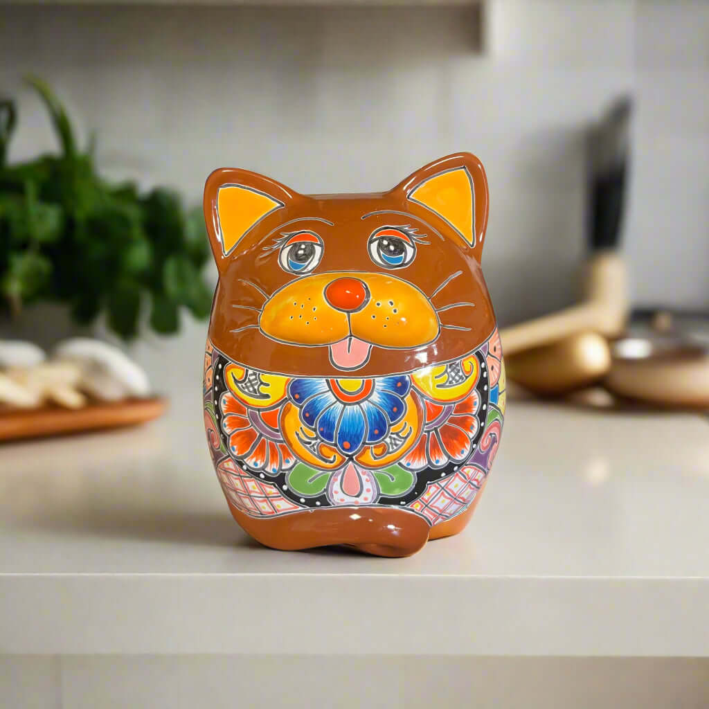 Talavera Cat Planter | Handcrafted Fat Cat Ceramic Pot