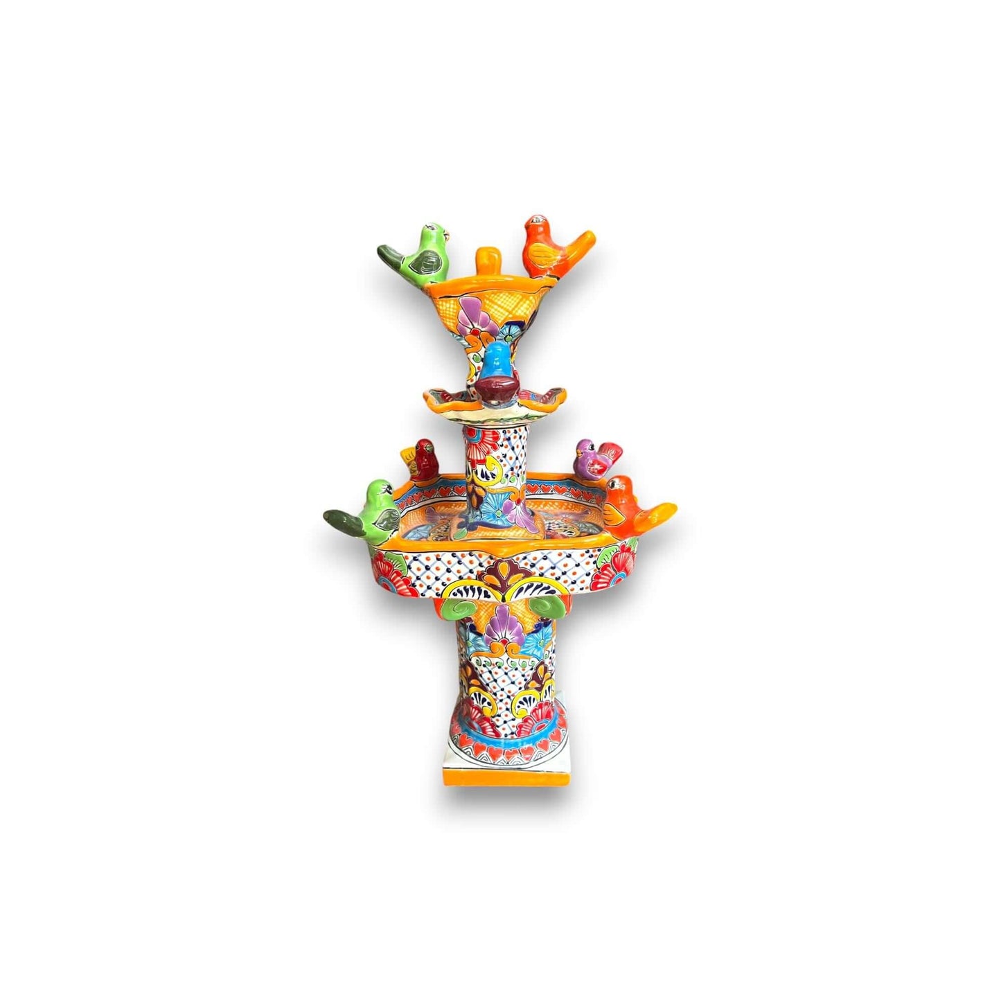 Handmade Talavera Bird Fountain | Authentic Outdoor Water Fountain (27” Tall