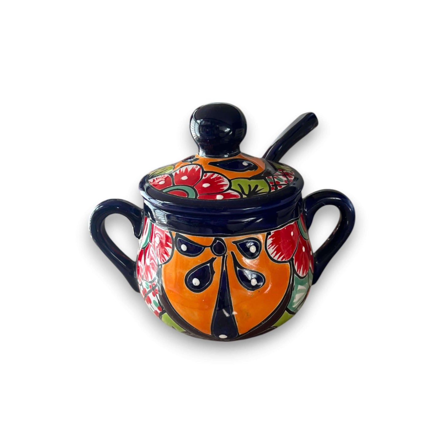 Colorful Talavera Sugar Jar with Spoon | Mexican Pottery Art