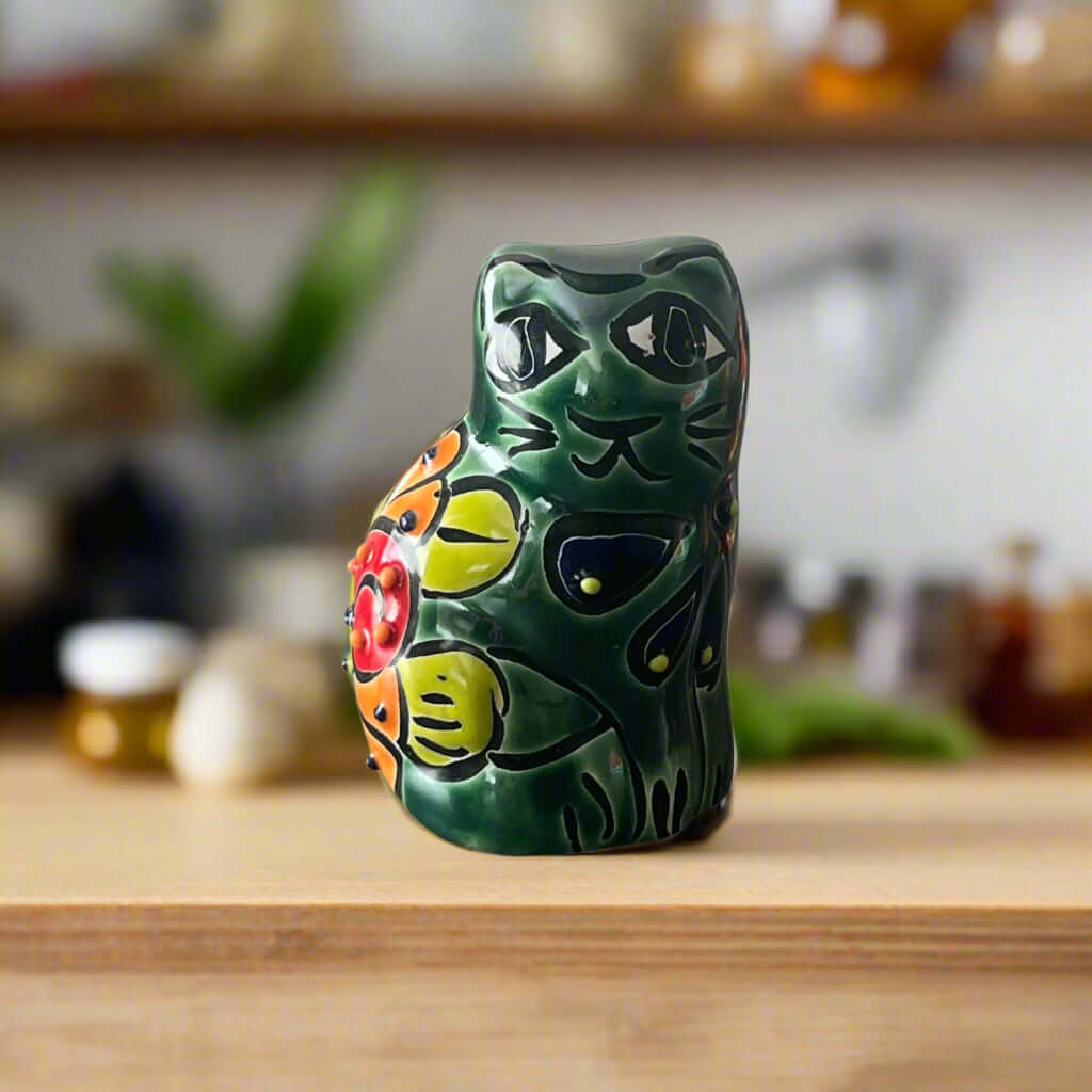 Set of 2 Talavera Cat Statues | Small Handmade Mexican Figurines