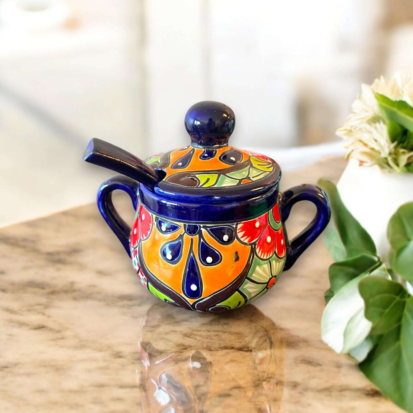 Colorful Talavera Sugar Jar with Spoon | Mexican Pottery Art