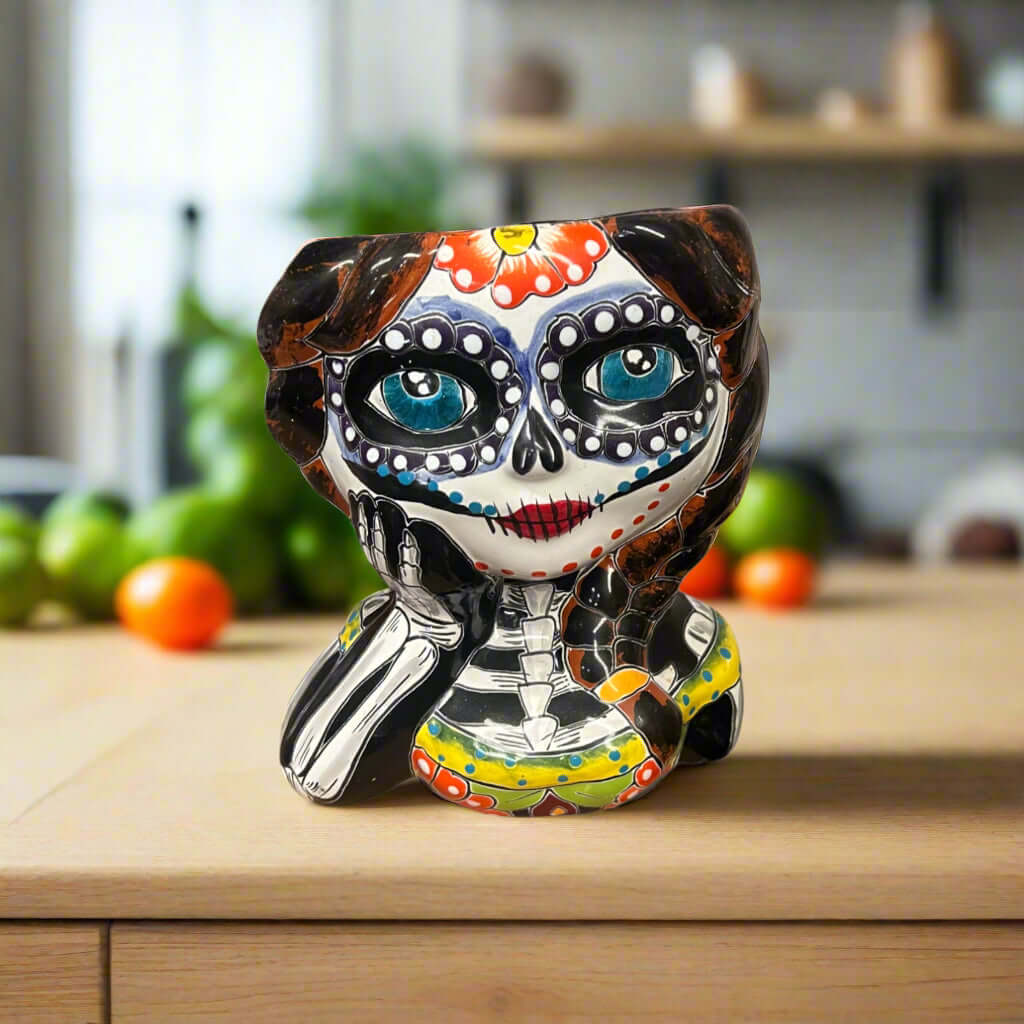 Talavera Skull Girl Planter | Hand-Painted Day of the Dead Pot