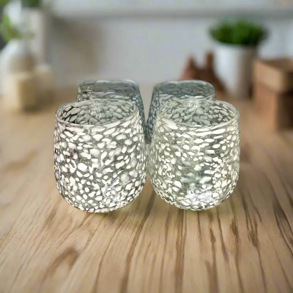 White Pebbled Wine Glass | Hand-Blown Mexican Stemless Glassware