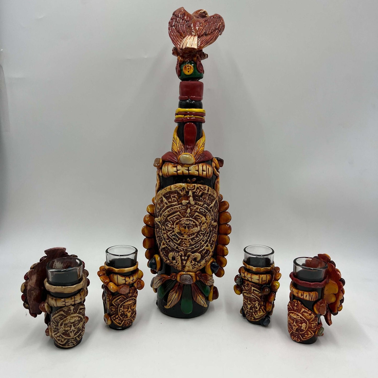 Aztec Warrior Tequila Set | Handmade Mexican Shot Glass & Decanter Set