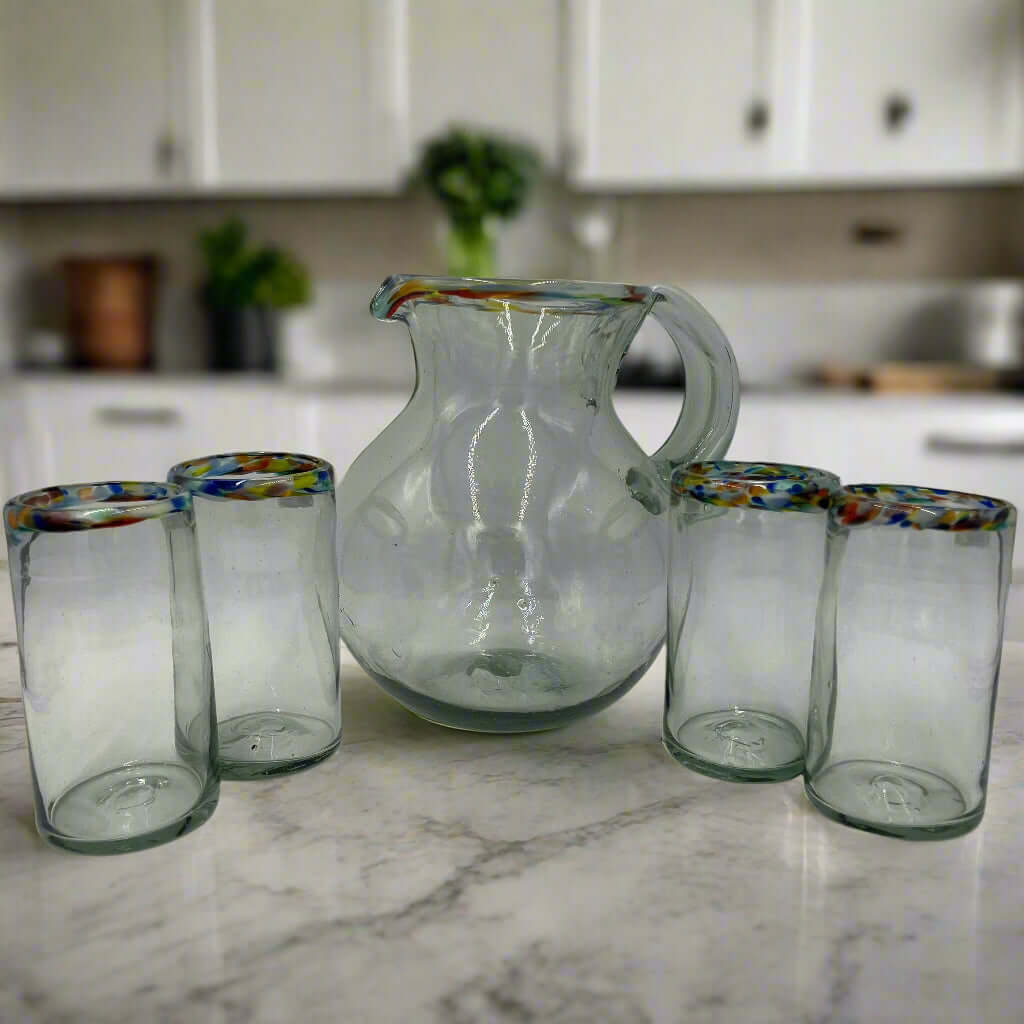 Mexican Hand Blown Glass Pitcher | Confetti Rim