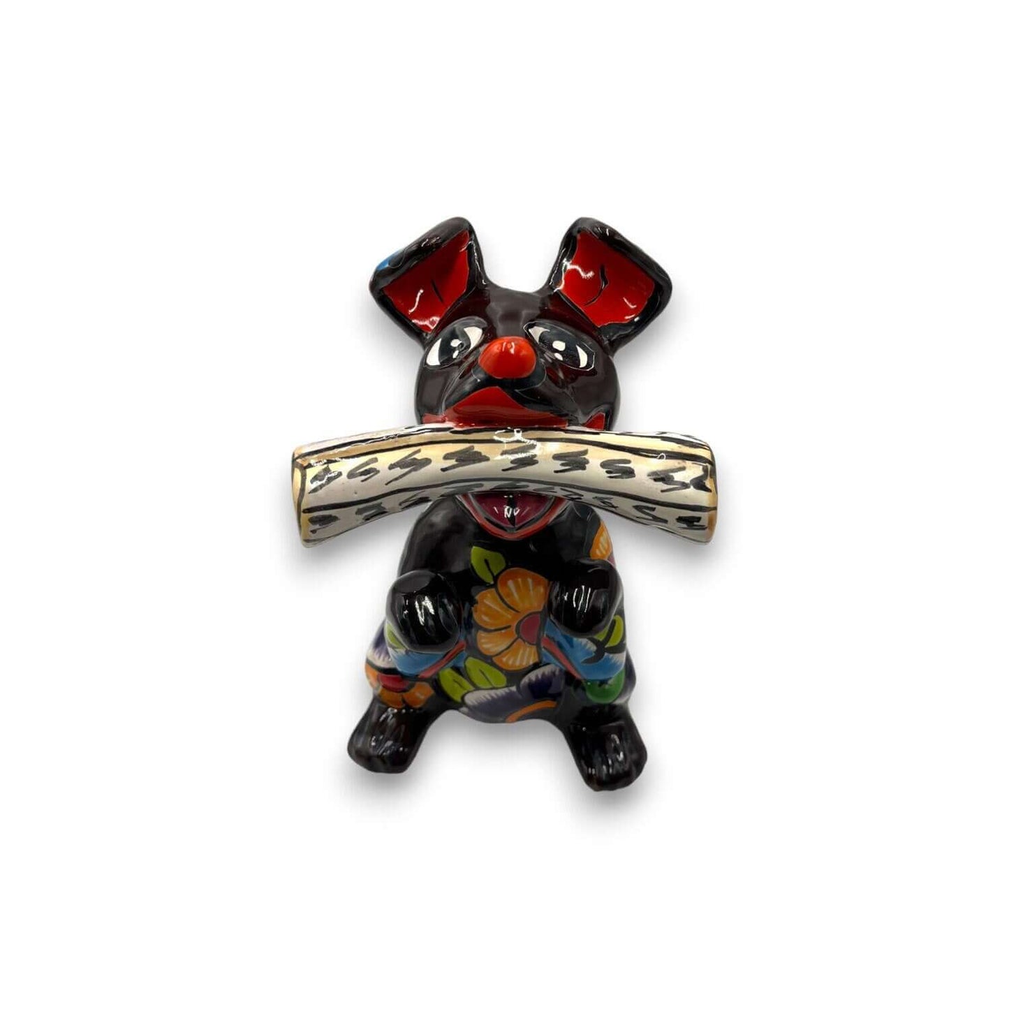 Talavera Dog Holding Newspaper Statue | Colorful Mexican Garden Art