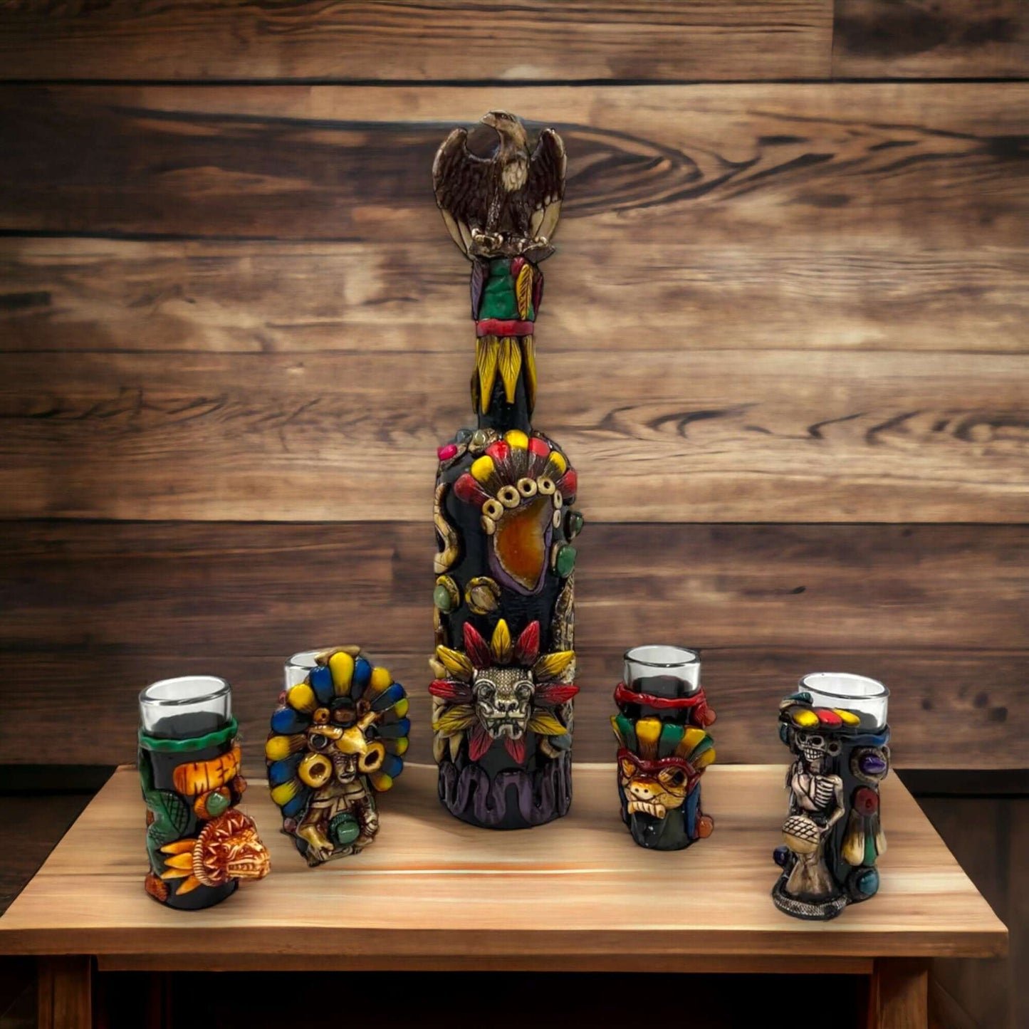 Aztec Warrior Tequila Set | Handmade Mexican Shot Glass & Decanter Set