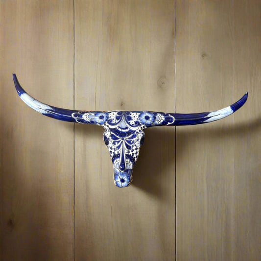 Talavera Longhorn Skull | Blue & White Mexican Wall Art