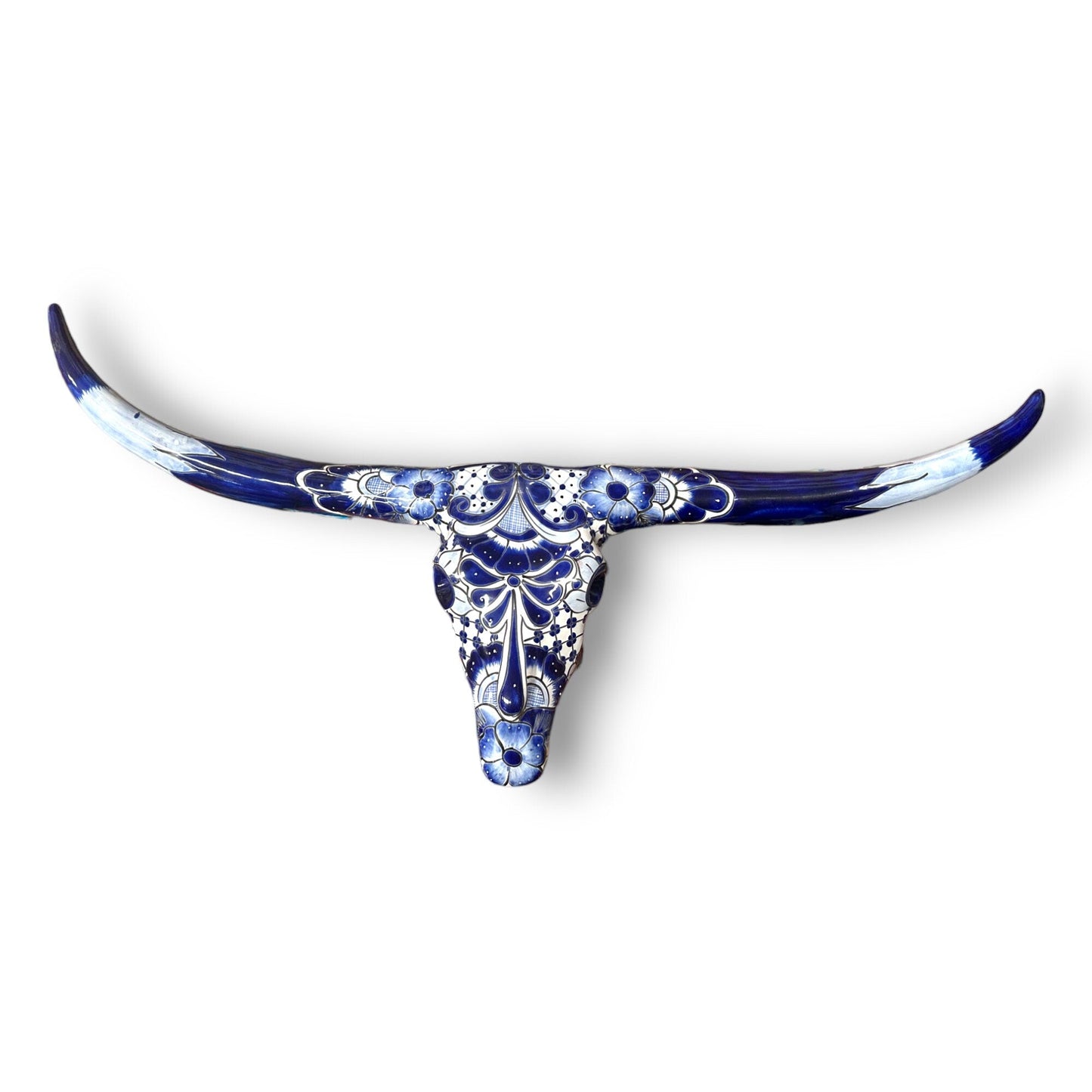 Talavera Longhorn Skull | Blue & White Mexican Wall Art