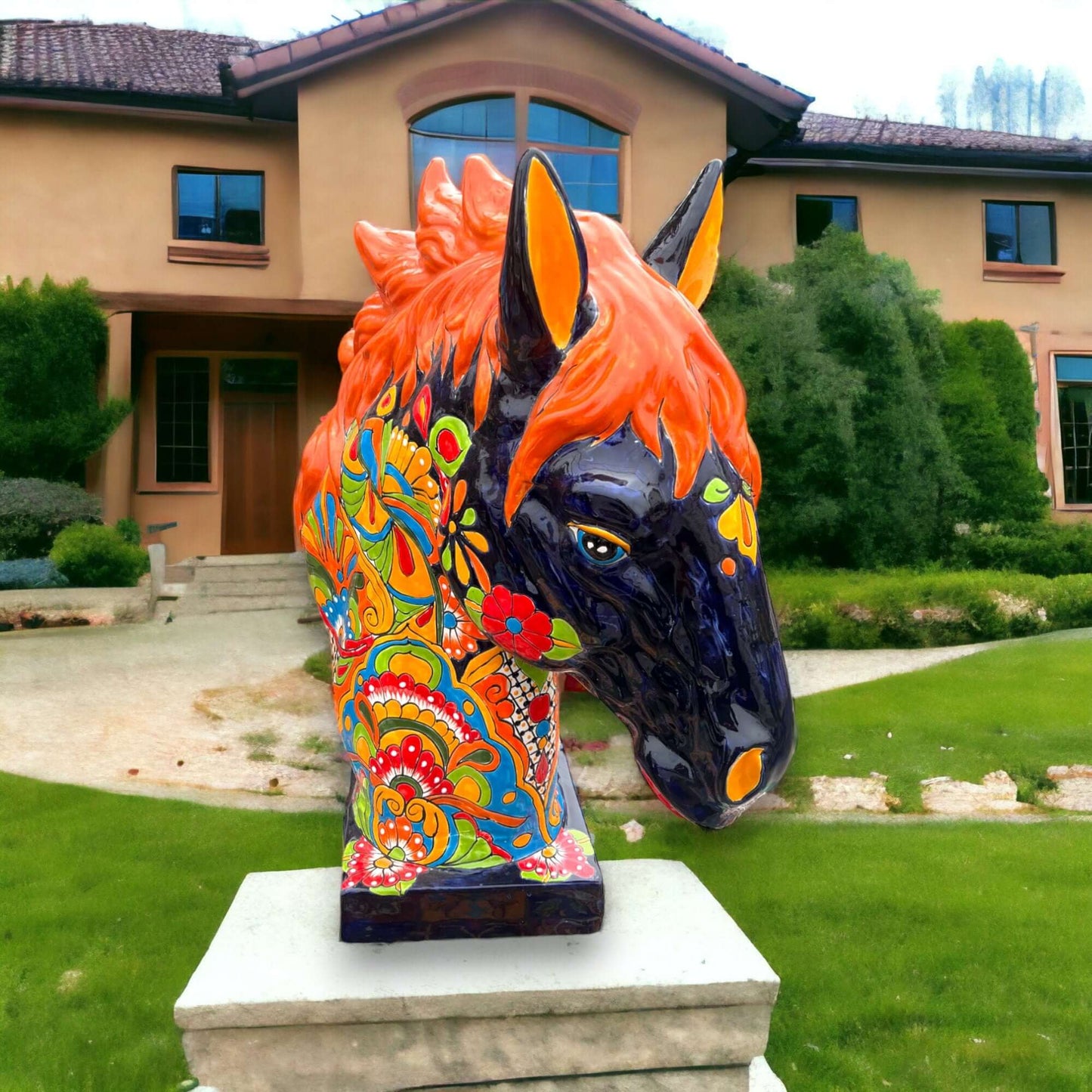 XL Talavera Horse Head Statue | Colorful Handmade Mexican Pottery