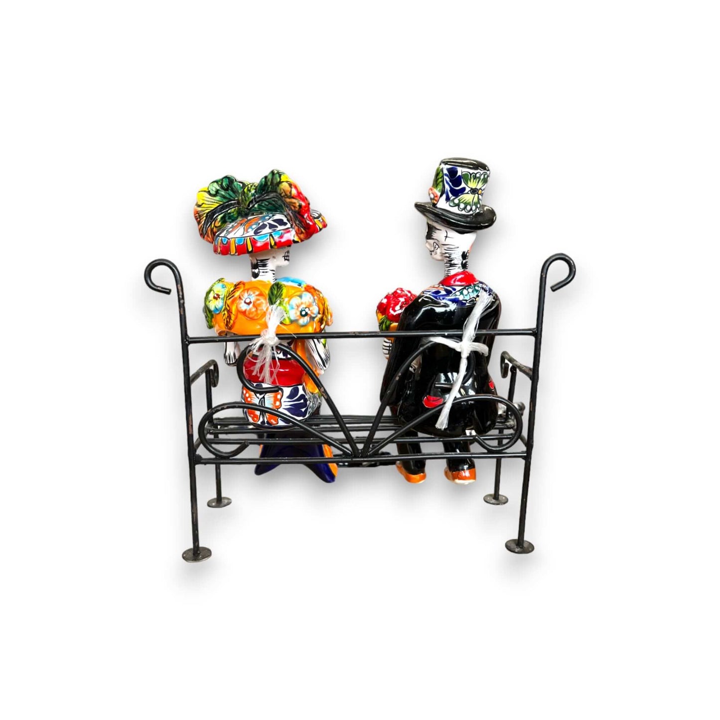 Talavera Skeleton Couple on Bench | Day of the Dead Mexican Decor