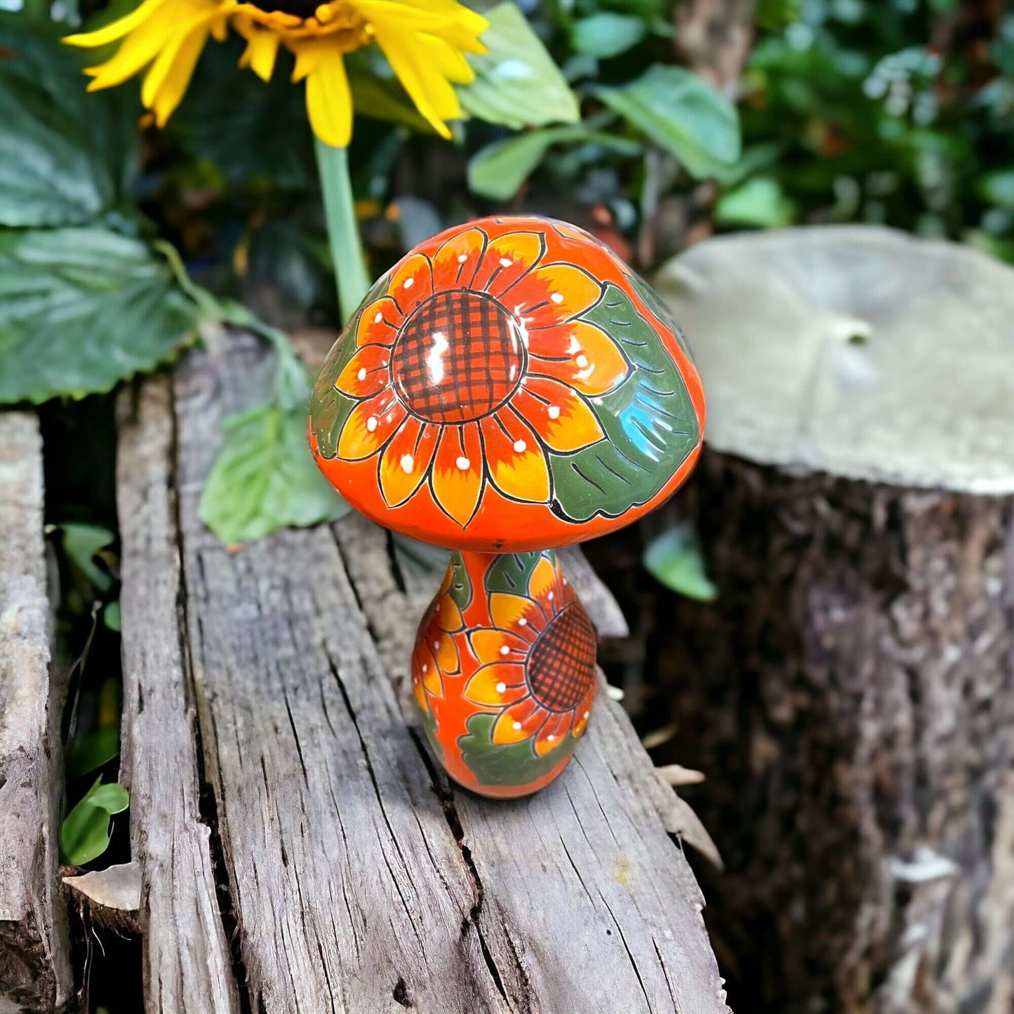 Talavera Mushroom Trio | Hand-Painted Sunflower Garden Decor