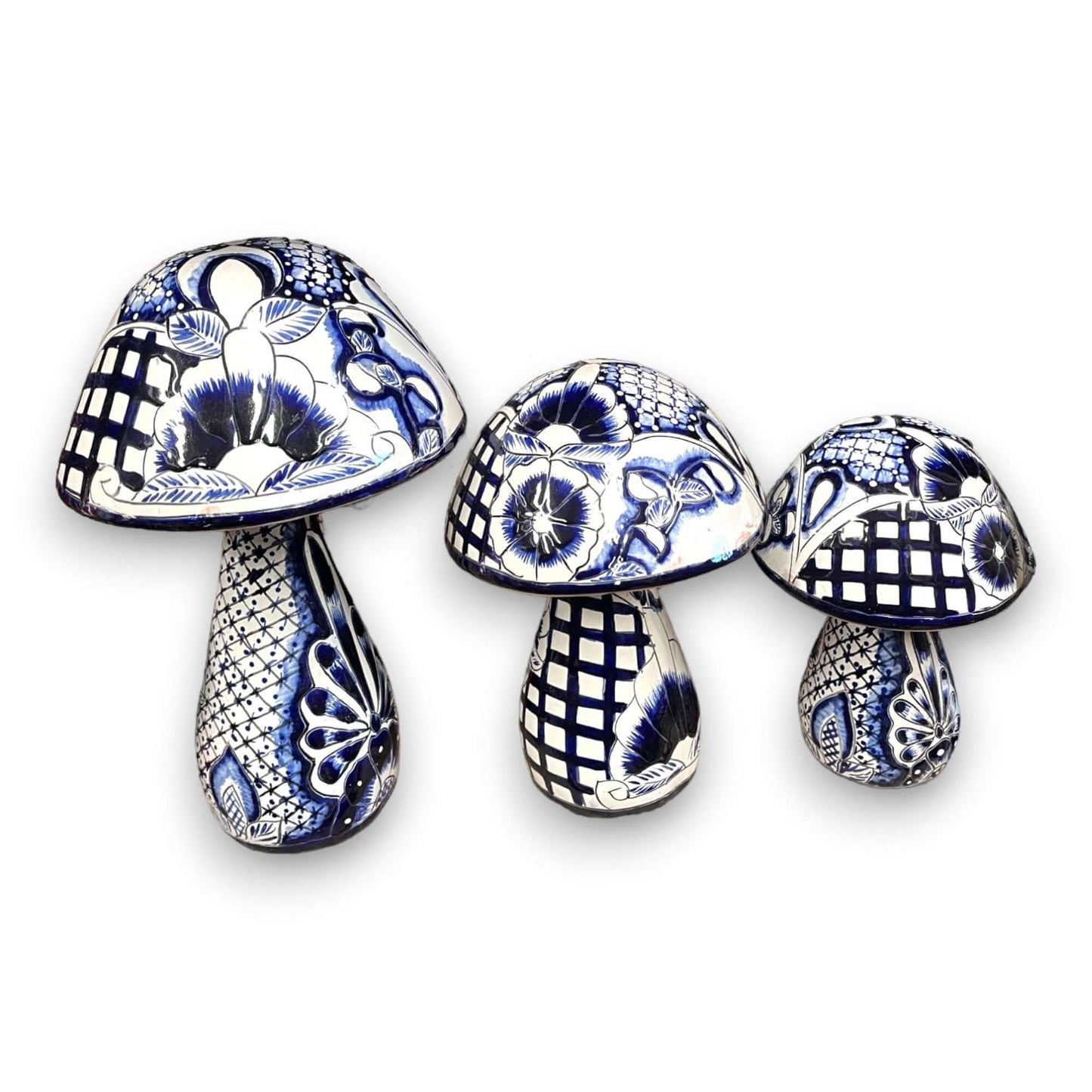 Talavera Mushroom Statue Set | Hand-Painted Mexican Garden Decor