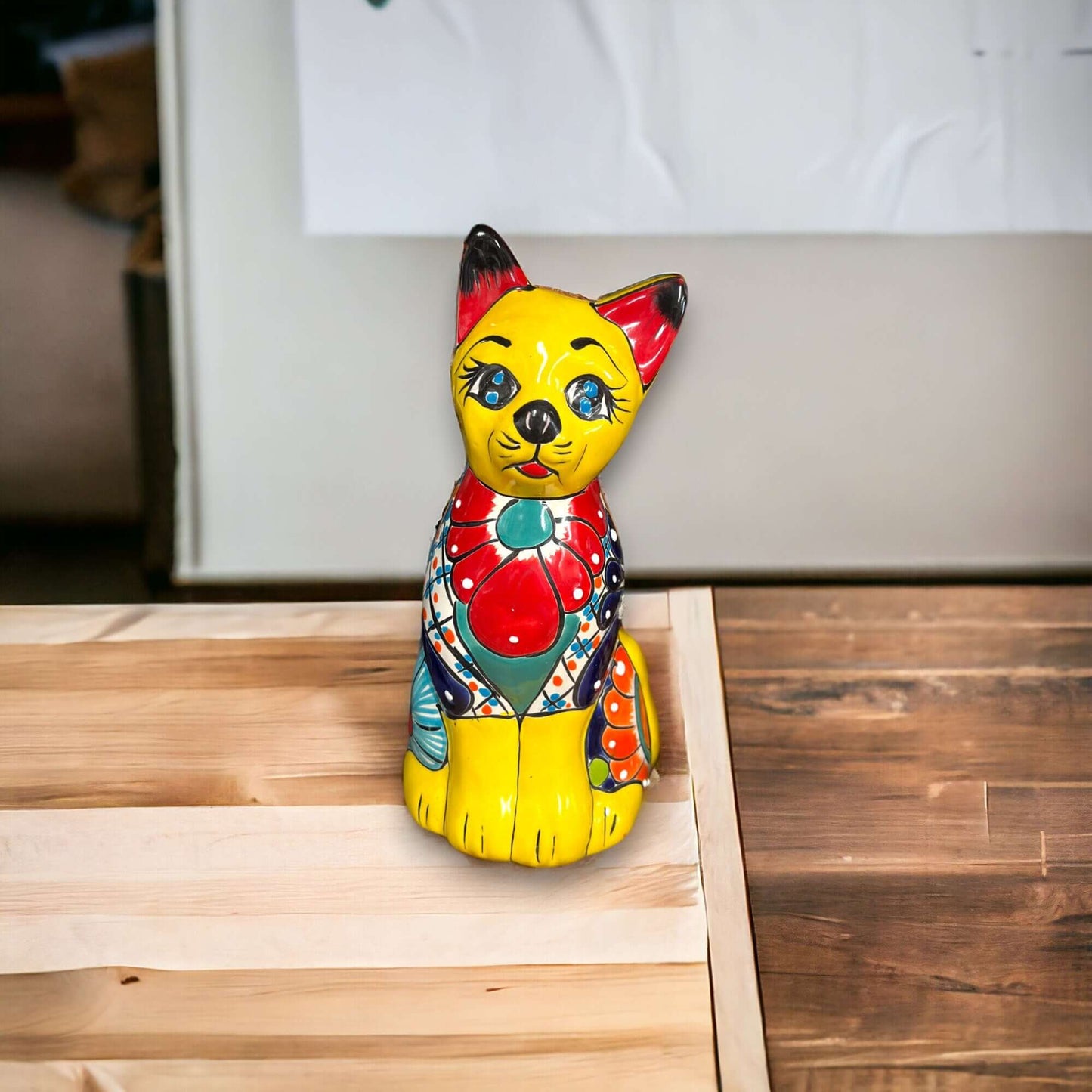 Colorful Hand-Painted Talavera Cat Statue | Mexican Folk Art Decor