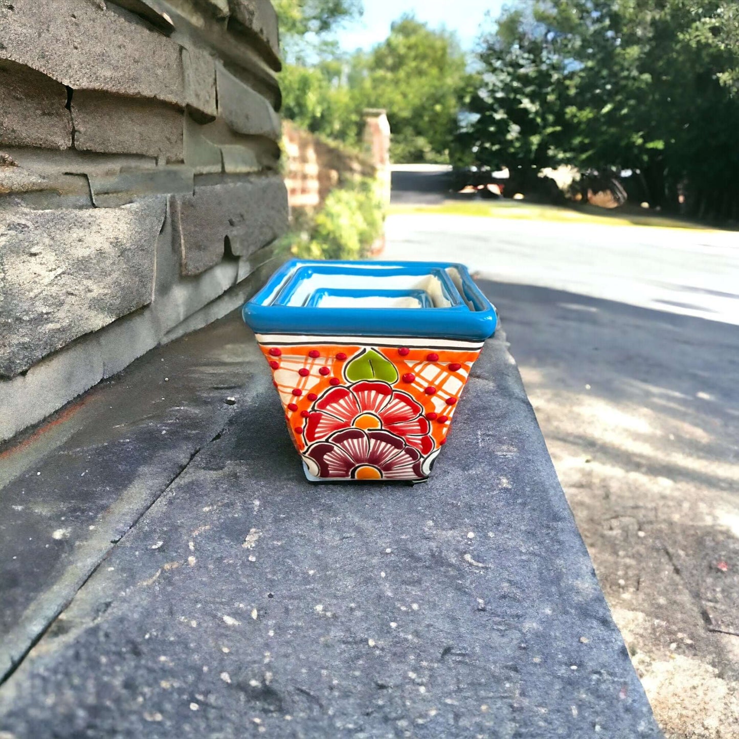 Square Talavera Planter Set | Colorful Mexican Mini Pots (Set of 3)