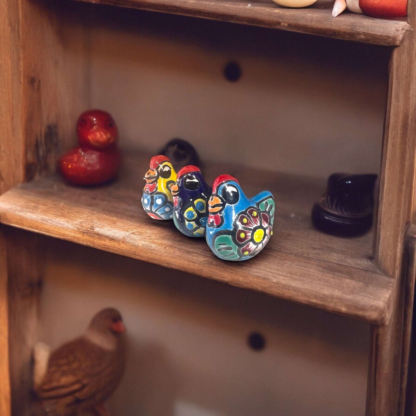 Set of 2 Hand-Painted Talavera Chicken Figurines | Mexican Ceramic Chickens