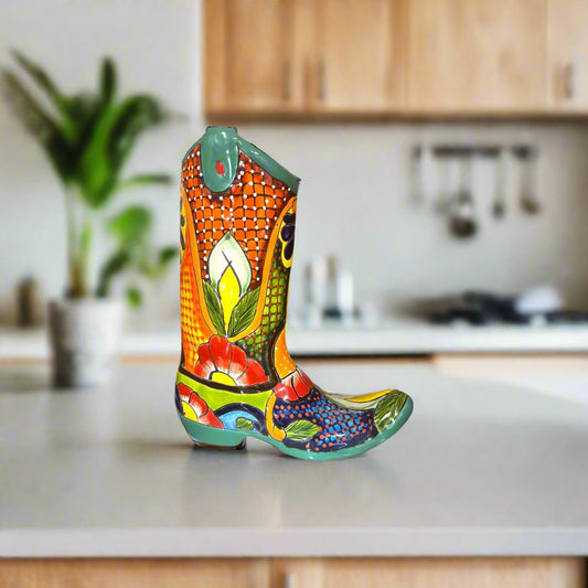 Talavera Boot Planter | Hand-Painted Mexican Flower Pot Art