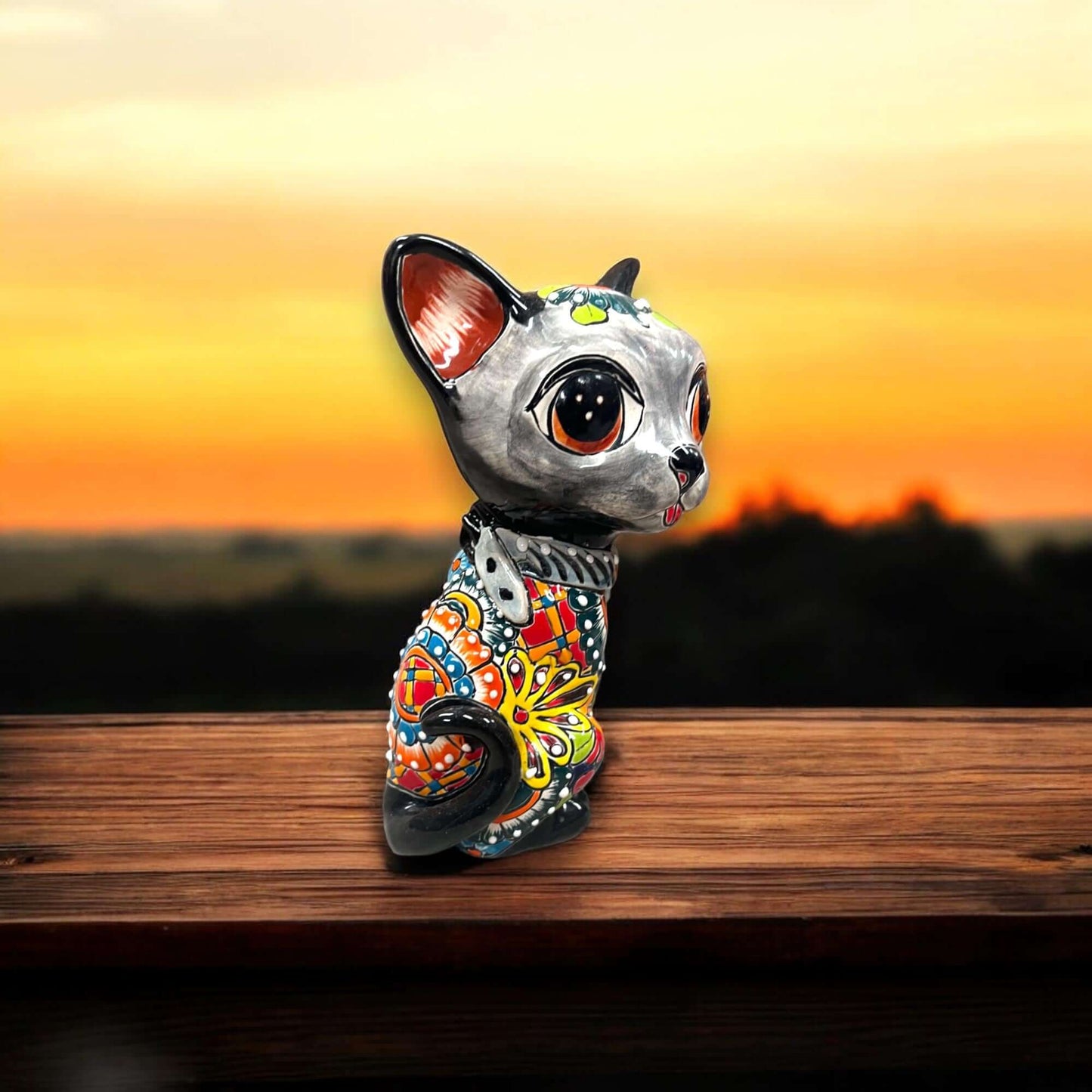 Talavera Cat Statue | Hand-Painted Mexican Folk Art Figurine