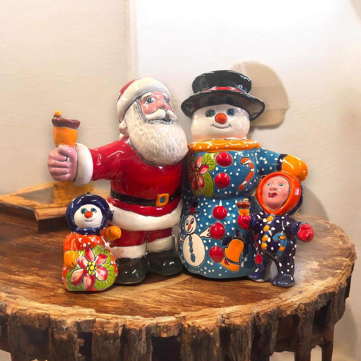 Talavera Santa & Snowman Statue | Hand-Painted Christmas Decor