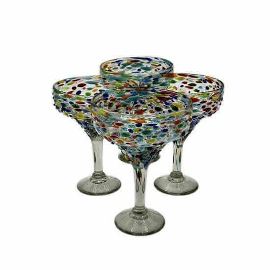 Hand Blown Mexican Margarita Glass | Colorful Pebbled Confetti Design