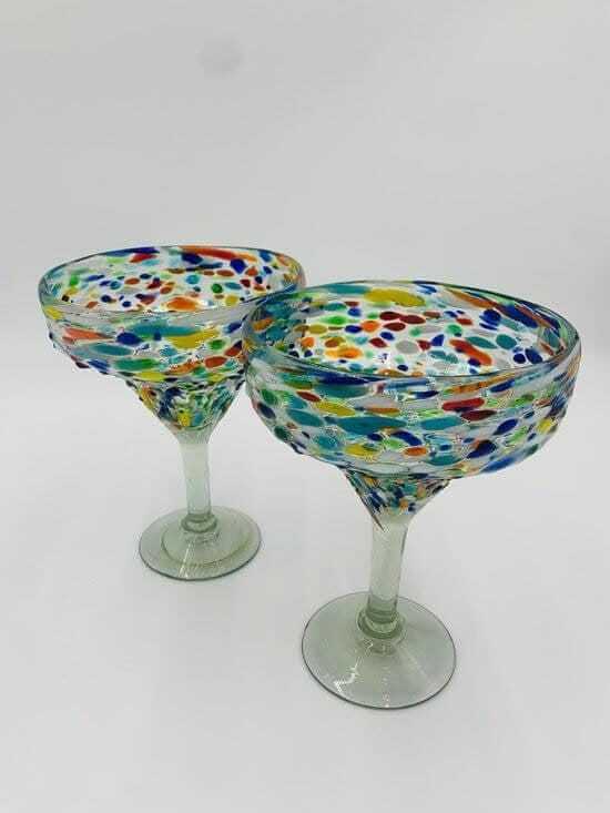 Hand Blown Mexican Margarita Glass | Colorful Pebbled Confetti Design