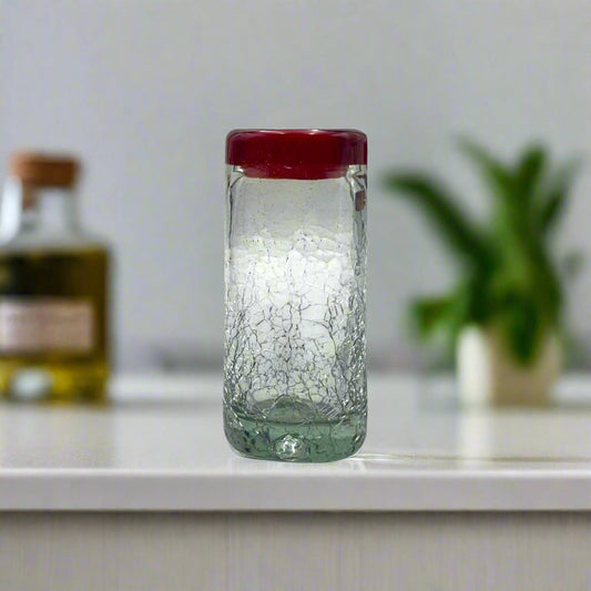 Hand-Blown Crackled Shot Glass | Red Rim Mexican Barware