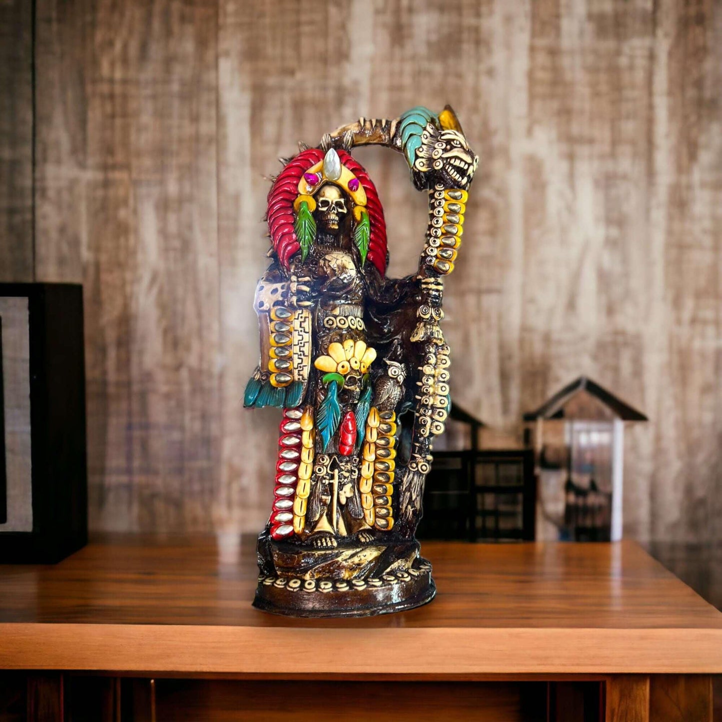 Handmade Aztec Warrior Statue | Colorful Grim Reaper Figurine