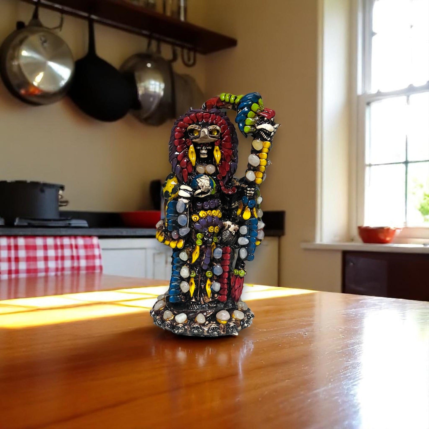 Handmade Aztec Warrior Statue | Colorful Grim Reaper Figurine