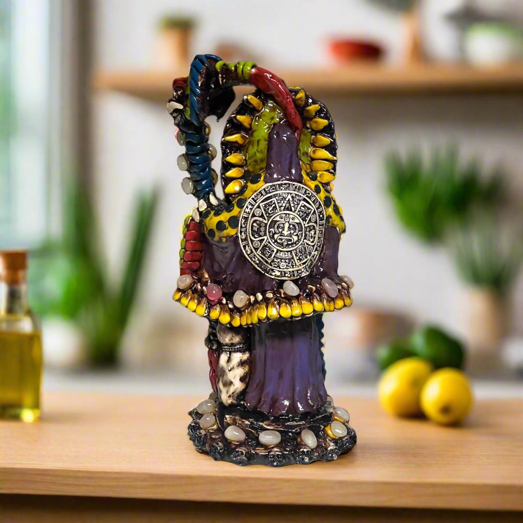 Handmade Aztec Warrior Statue | Colorful Grim Reaper Figurine