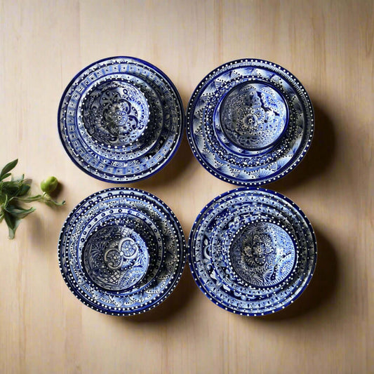 Talavera Dinnerware Set | 20-Piece Blue & White Tableware for 4