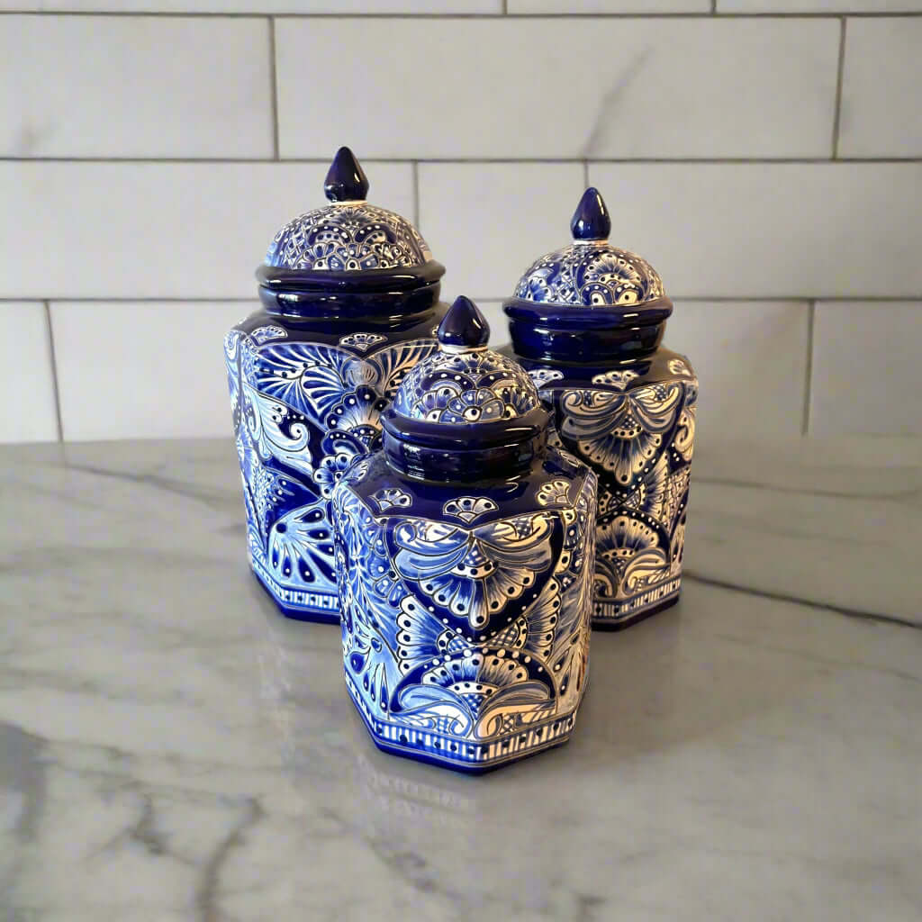 Talavera Blue & White Canister Set | Mexican Handmade Pottery