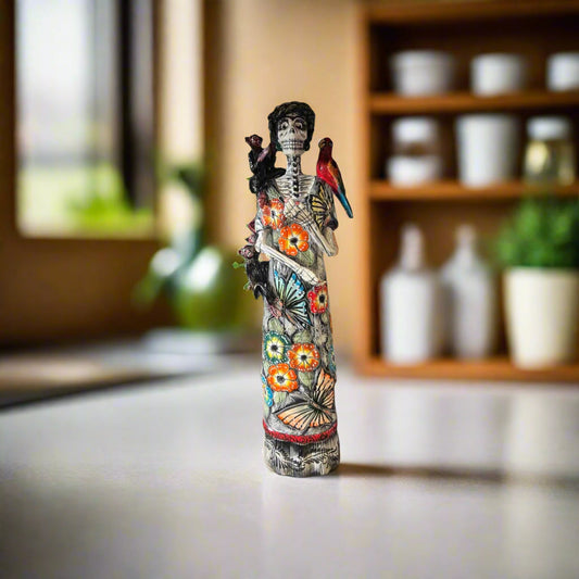 Talavera Catrina Figurine | Day of the Dead Skeleton with Monkey & Bird