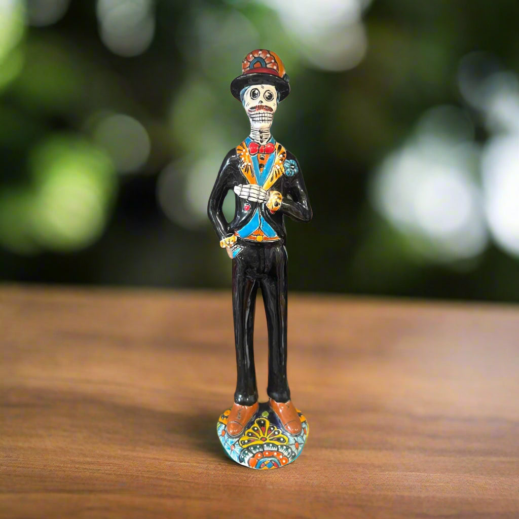 Talavera Catrin Statue | Hand-Painted Day of the Dead Skeleton Man