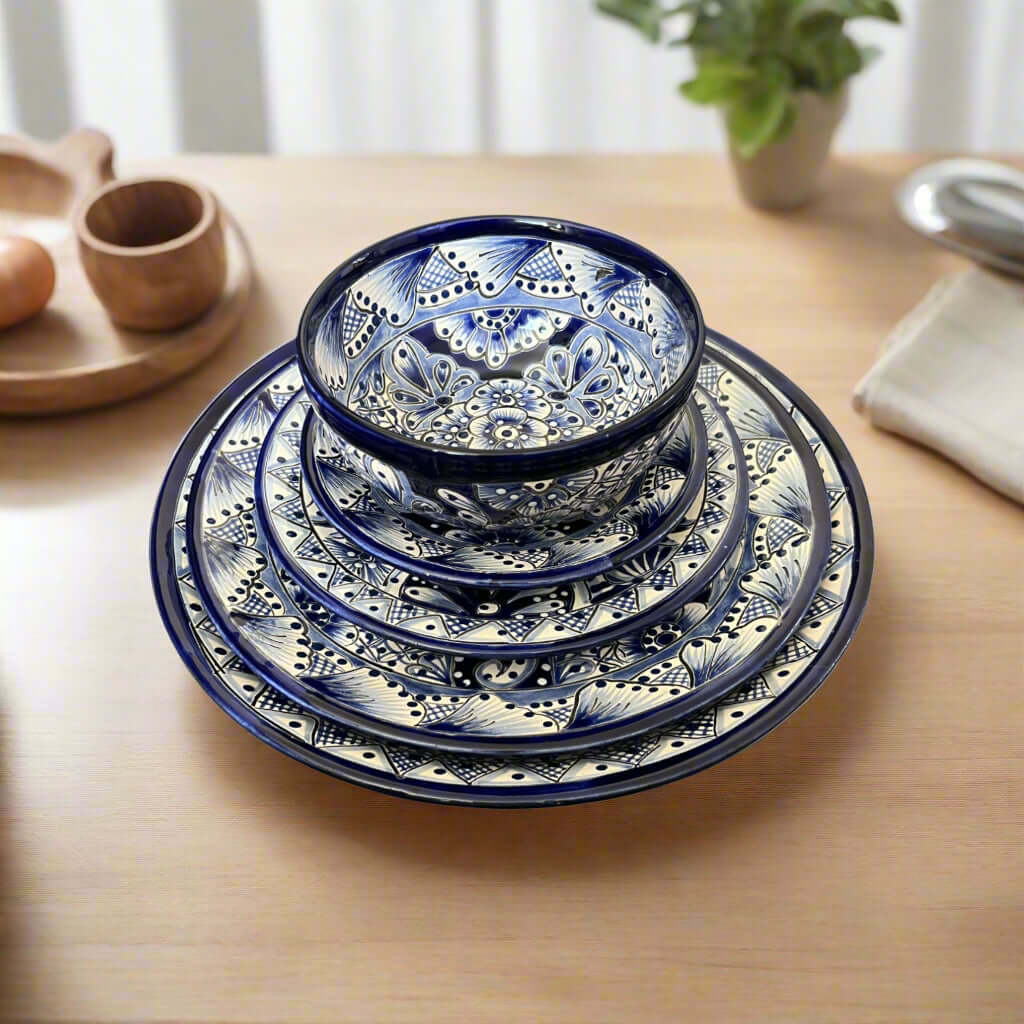 Talavera Dinnerware Set | 20-Piece Blue & White Tableware for 4
