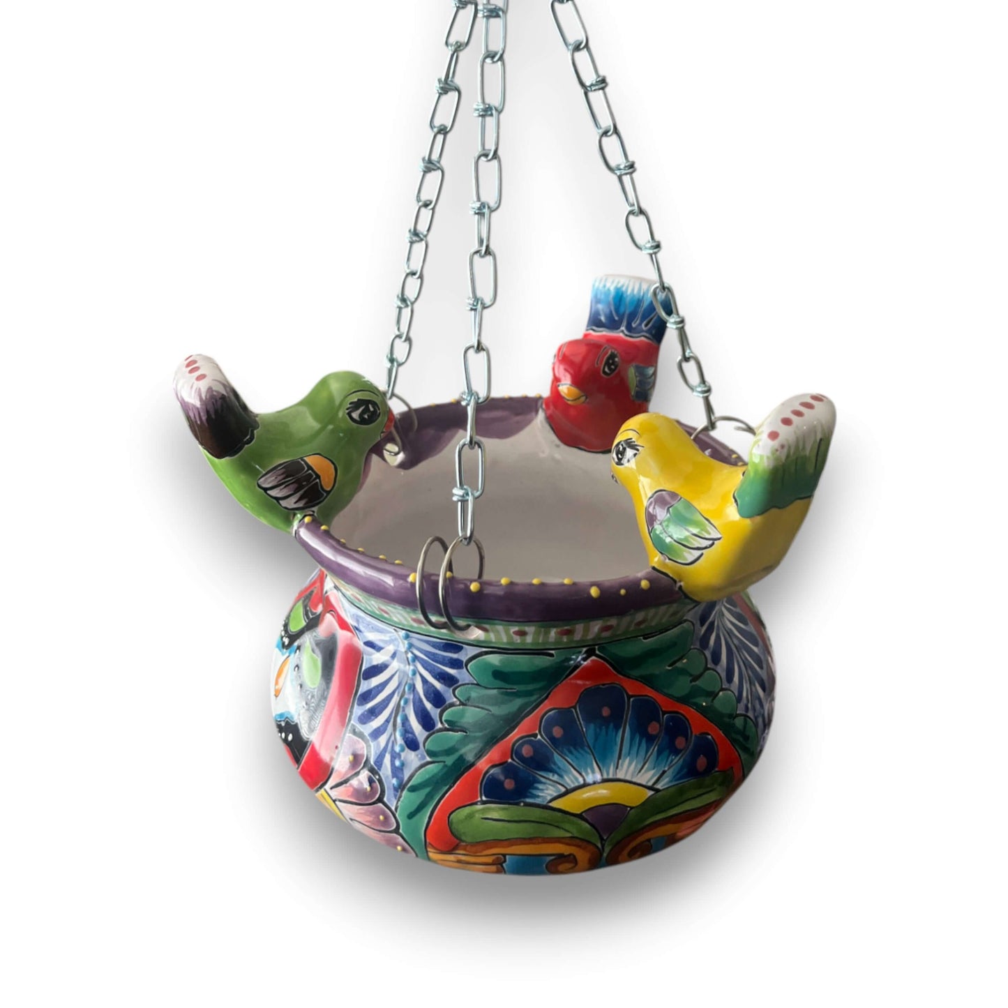 Talavera Hanging Planter with Birds | Small Handmade Ceramic Pot