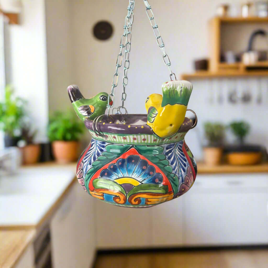 Talavera Hanging Planter with Birds | Small Handmade Ceramic Pot
