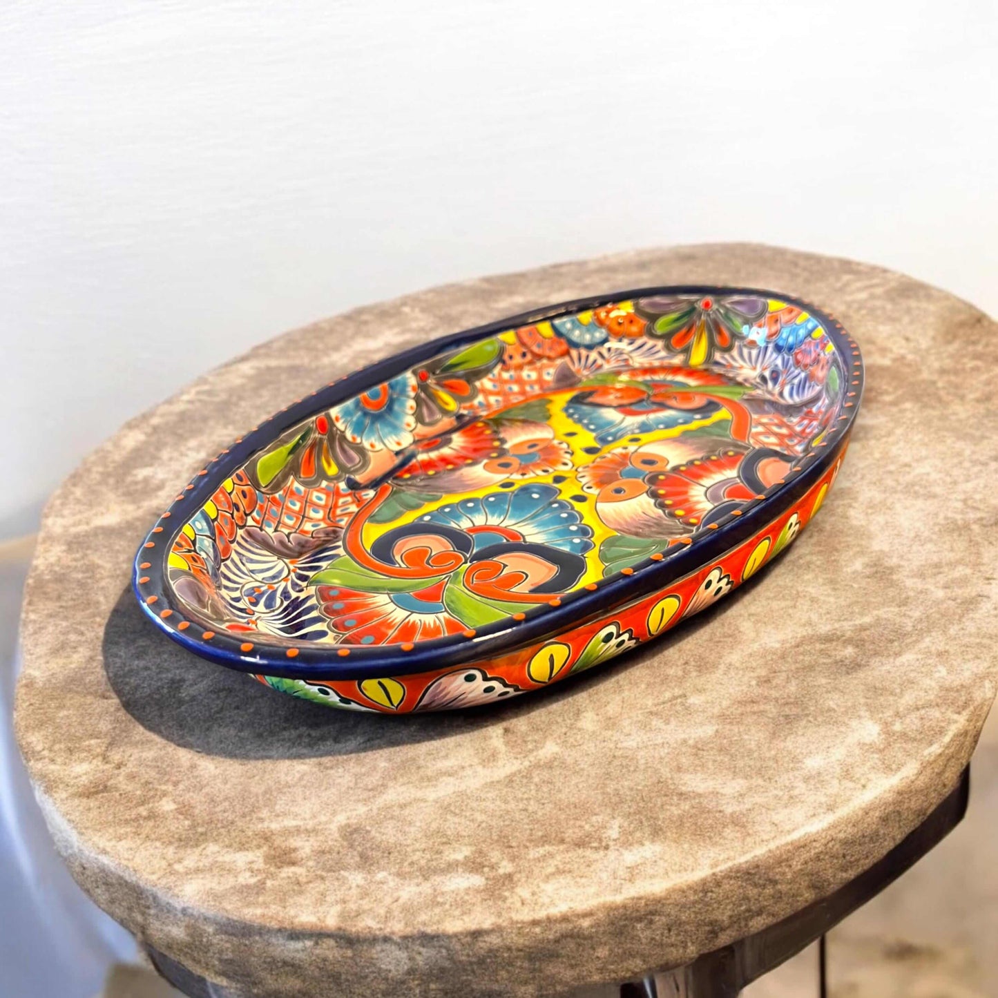 Talavera Oval Serving Platter | Cobalt-Blue Rim Kitchenware