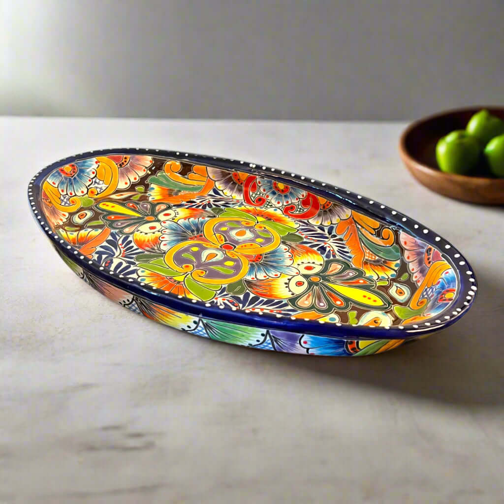 Talavera Oval Serving Platter | Cobalt-Blue Rim Kitchenware