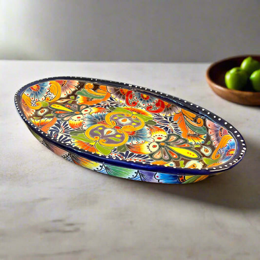 Talavera Oval Serving Platter | Cobalt-Blue Rim Kitchenware