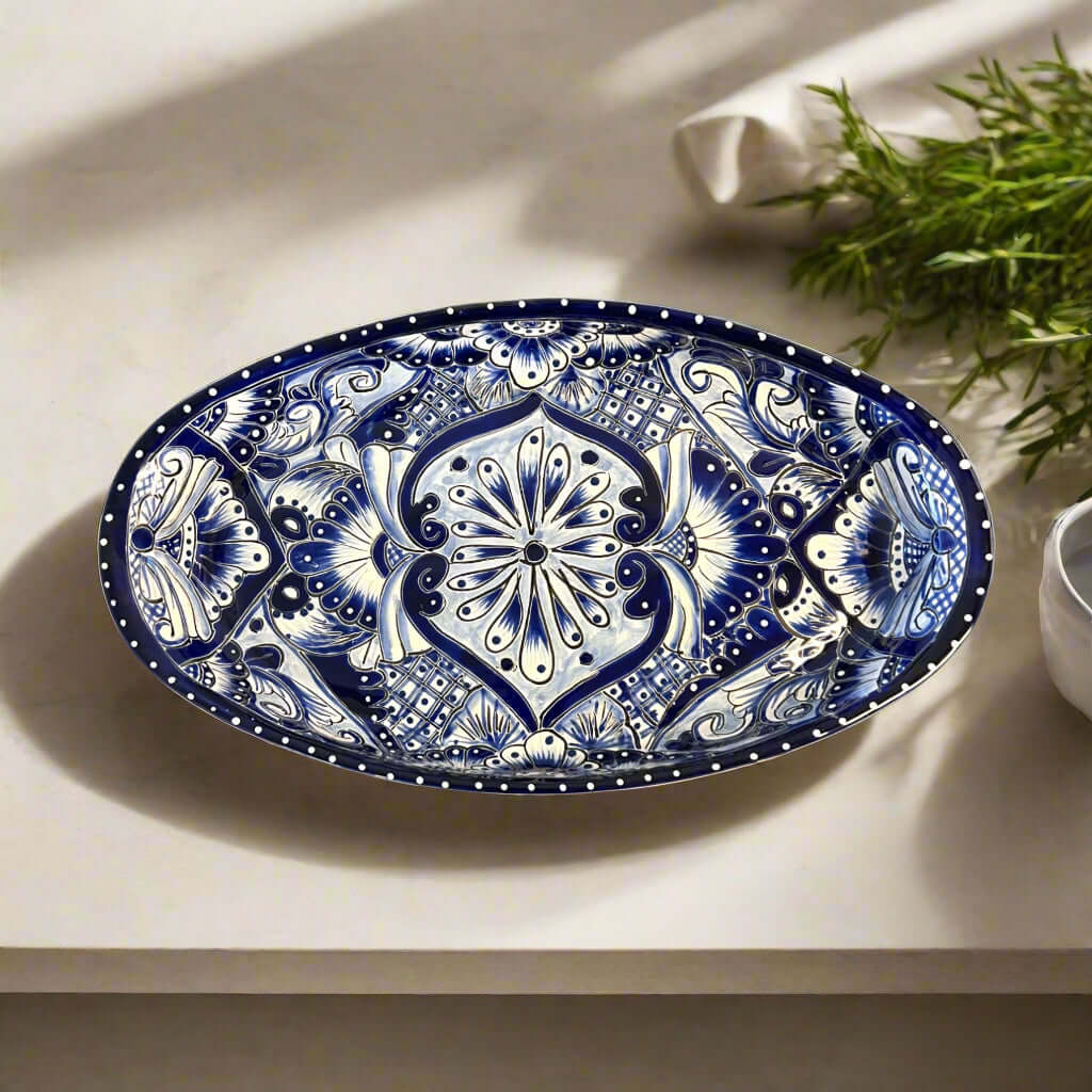Talavera Oval Serving Platter | Blue & White Mexican Kitchenware