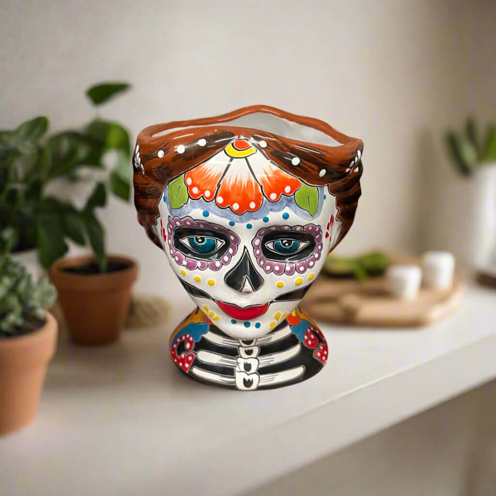Talavera Skull Face Planter | Hand-Painted Day of the Dead Pottery
