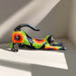 Talavera Stretching Cat Statue | Hand-Painted Sunflower Design