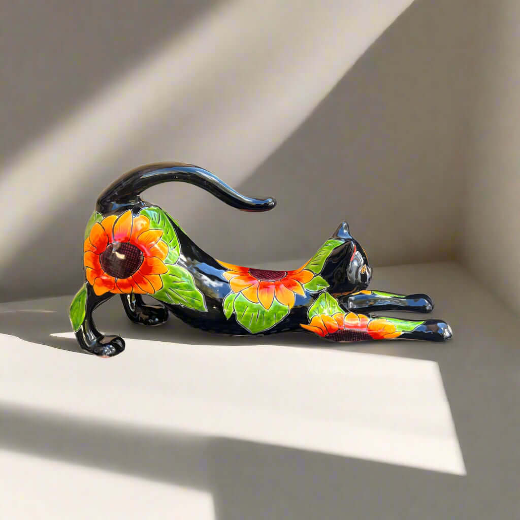 Talavera Stretching Cat Statue | Hand-Painted Sunflower Design
